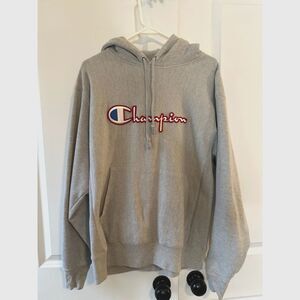 Champion Reverse Weave Logo Script Grey Hoodie